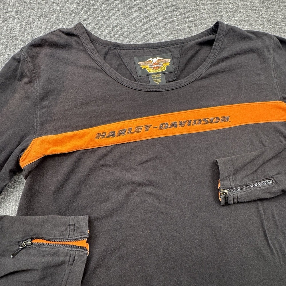Harley Davidson Shirt Black Orange Long Sleeve Womens Sz XL Zip Cuffs USA